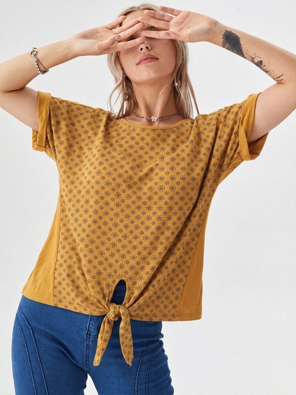 Liberty Love Orange Ethnic Abstract Print Front Hem Tie Boho Scoop Neck Boxy Top
